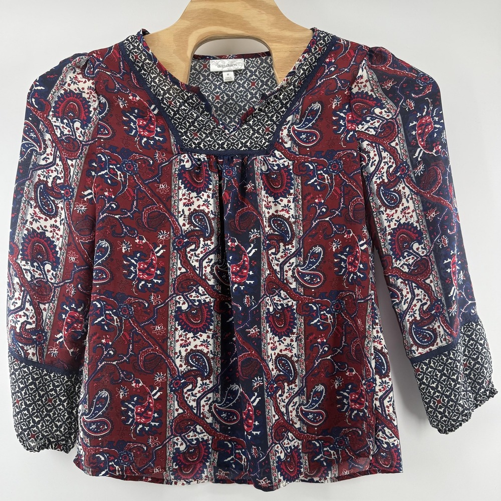 Dressbarn Blouse Womens Medium Red Blue Paisley Boho Long Sleeve Pullover Top